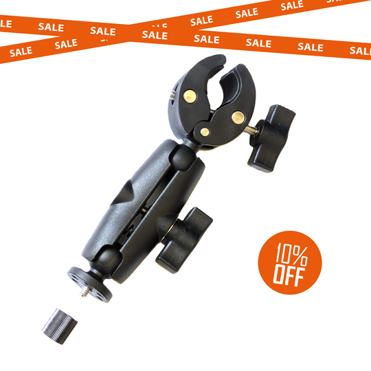 Black plastic mount with sale banners and '10% OFF' label on a white background