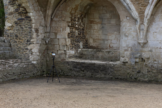 The Arc light being set up in an abandoned monastery.