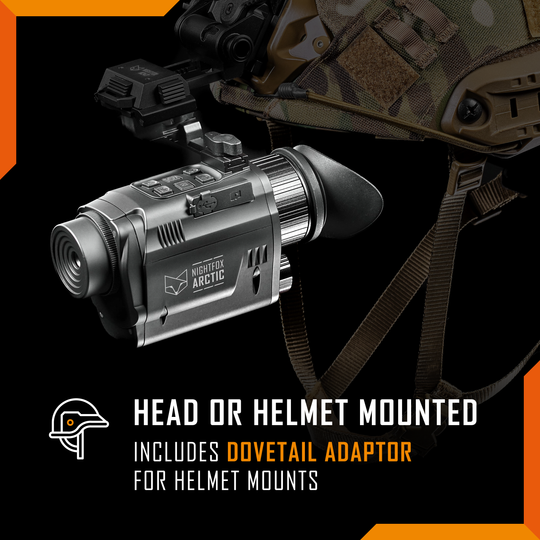 Helmet or helmet-mounted thermal imaging device with dovetail adaptor on a black background