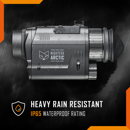 Night vision device with 'Nightfox Arctic' branding on a dark background, highlighting waterproof rating.