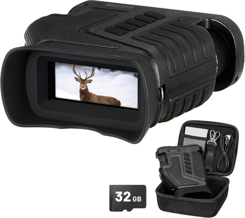Black digital night vision device with deer image on screen, case, and 32GB memory card on white background