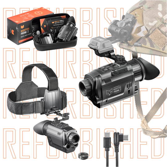 Prowl 2 night vision monocular with headband on a background with repeating text showing 'refurbished'