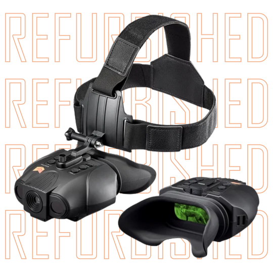 Swift Max night vision goggles with headband on a background with repeating text showing 'refurbished